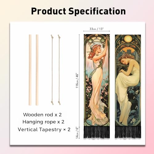 PLIGREAT 2 Pack Mucha Style Vertical Tapestry, Aesthetic Wall Hanging - color: beige,green