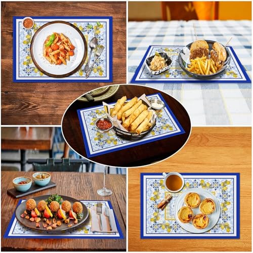 Lemon Placemats Set of 4, 12x18 Inch Yellow and Blue Mediterranean Summer Fruit Italian Tiles Seasonal Heat Resistant Table Mats for Dining Kitchen Birthday Party Holiday Decor - color: Lemon06, size: 4pcs