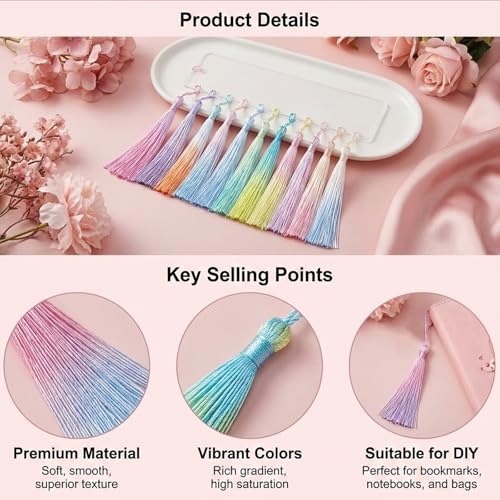 30 Pcs Tassels for Bookmarks, 5.12 in Silky Handmade Soft Flossy Bookmark Tassels with Cord Loop for Bookmarks DIY Crafts Keychain Jewelry Making (10 Colors)