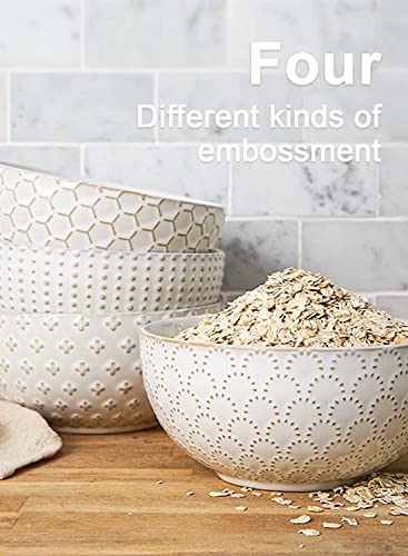 LE TAUCI Cereal bowls 26 oz, Ceramic Soup Bowl for Kitchen, Embossment Stoneware Bowl for Pho, Chip, Fruits, Salad, Noodle, Ramen, Suit For Housewarming - 6 Inch, Set of 4, Arctic white - size: 6 INCH