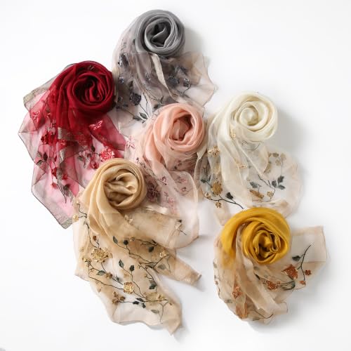 Jeelow Long Silk Blend Embroidered Floral Shawl Scarf Wrap for Women - color: White Flowers
