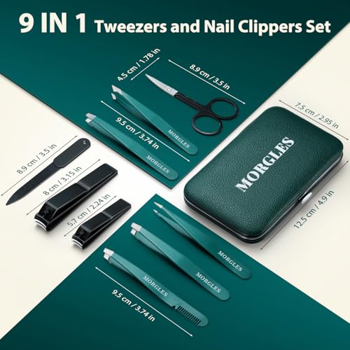 MORGLES Tweezers Set 9 Pcs Nail Clipper Kit with Case for Eyebrows Grooming - color: E-green