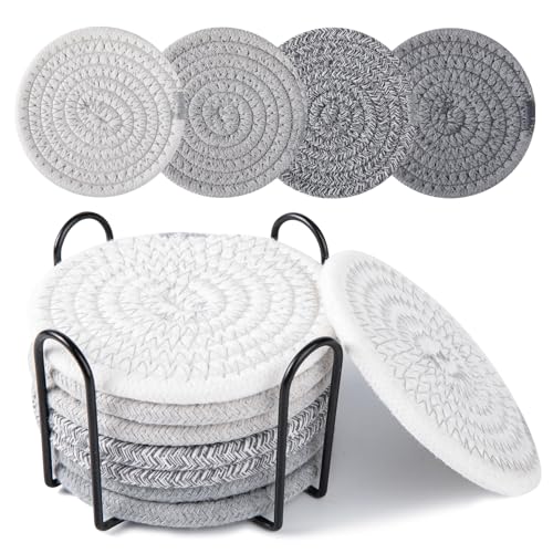 OIAHOMY 8 Pcs Coasters with Holder for Beer, Coffee, Woven Cotton Coaster Set for Table Decor for Kitchen, Bar, Dining Room, Living Room, Housewarming Gifts - Grey - color: Gray, size: 8Pcs