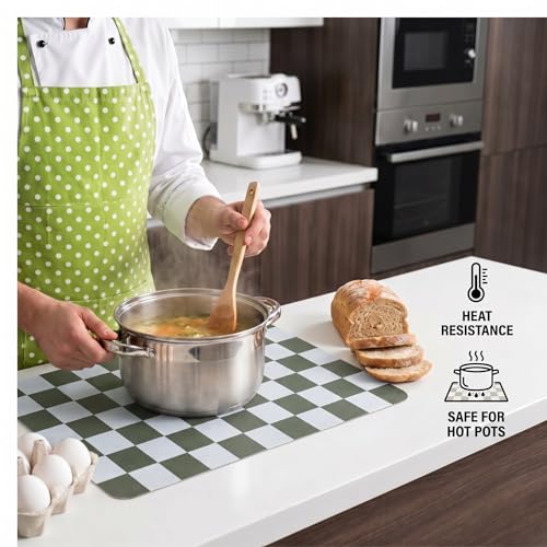 Set of 6 Checkerboard Non-Slip Washable Placemats for Dining Table - color: Olive Green