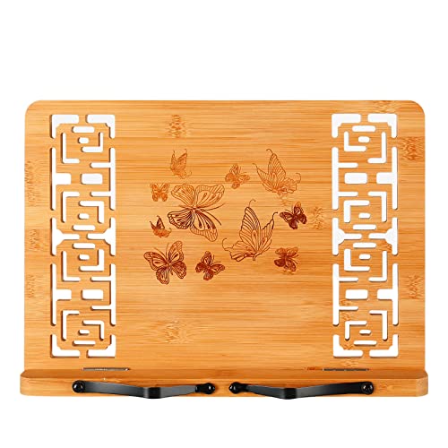 MEGREZ Foldable Bamboo Book Stand Adjustable Cookbook Reading Holder - color: Butterflies