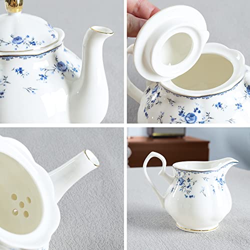 fanquare 15 Piece British Blue Rose Porcelain Tea Set - color: Blue Rose