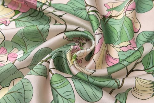 100% Mulberry Silk Scarf - 21" Square Lightweight Neckerchief, Gift Packed - color: Green-flowers