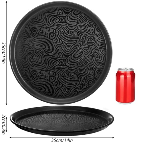 Hacaroa 4 Pack Round Restaurant Serving Tray, 14 Inch Black Plastic Server Tray Non-Slip Food Serving Platter for Drinks, Bar, Cafeteria, Hotel, Coffee Table, Raised Edges