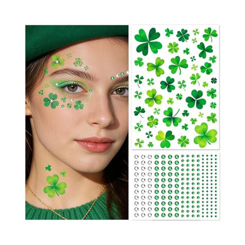 St Patrick's Day Shamrock Face Tattoo with Green White Face Gems