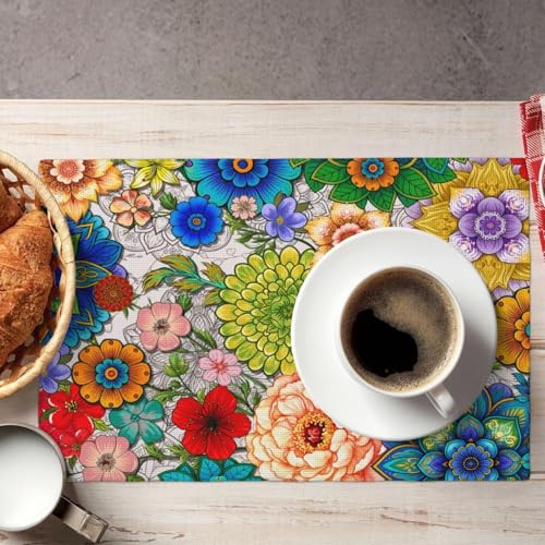 Spring Boho Floral Dinner Placemats Set of 4, Colorful Vintage Decorative Place Mats, Kitchen Washable Table Mats for Dining Holiday Party Home Decor, Gifts for New Home Women - color: Boho