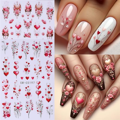 Valentine's Day Nail Art Stickers 12 Sheets 3D Self-Adhesive Heart Nail Decals with Tweezers Romantic Love Hearts Flower Lips Balloon Leopard Designs Brown Pink Slider for Women Nails Art Decoration - style: Valentine