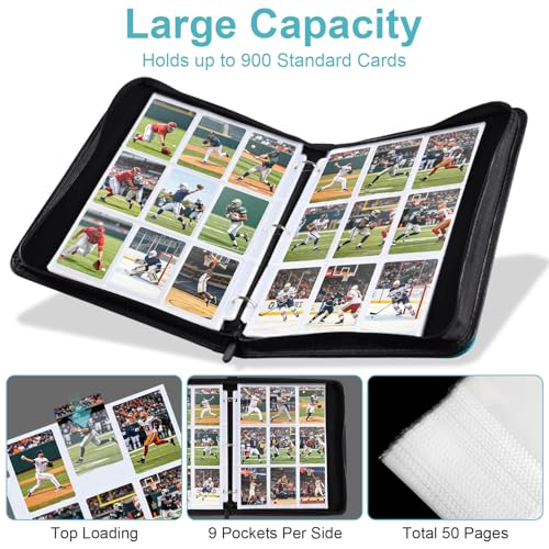 50 Pack 9 Pocket Card Binder, 3 Ring Premium Zip Trading Card Binder, 900 Large Capacity Top Loading Card Storage Album, PU Card Collection Binder for TCG, MTG, Baseball Hockey Sport Cards, Teal - color: Teal