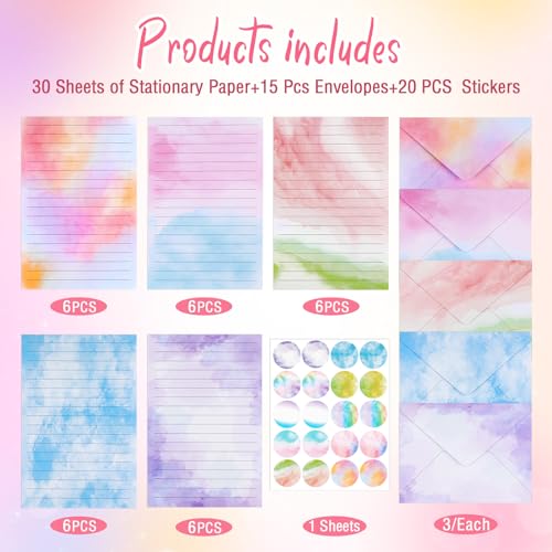 Konsait Watercolor Letter Stationary and Envelopes Set, 30 PCS Writing Stationary Paper with 15 PCS Envelopes and 1 Sheet Sticker, Colorful Letter Writing Set for Party Invitations (A)