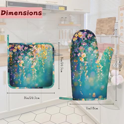 Watercolor Ivy Flower Spring Flower Oven Mitts and Pot Holders (4PCS),Heat Resistant Non-Slip Silicone Kitchen Gloves for Cooking, Baking, BBQ Waterproof Kitchen Accessories - color: Watercolor Ivy Flower Spring Flower