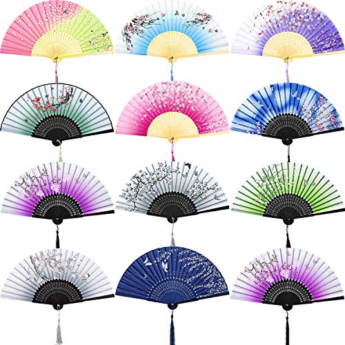 Chuangdi 12 Pcs Folding Hand Fans for Line Silk Dancing Fan, Cherry Blossom - style: Cherry Blossom