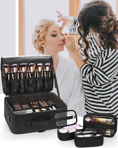 Relavel Large Makeup Bag with 3 Removable Pouches, Travel Train Case Cosmetic Organizer Carrying Box for Makeup Artists Hairstylist with Adjustable Dividers, Brush Holder and Shoulder Strap, Black - color: Black with 3 Clear Bags, size: Large