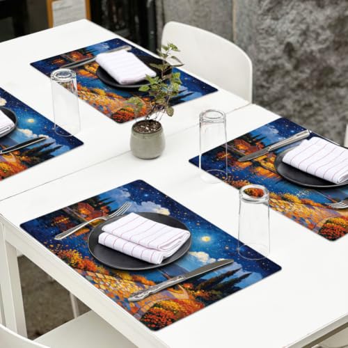 Peacoblue Placemats Set of 4,Faux Leather Oil Painting Landscape Design - style: Oil Painting Landscape with Stars