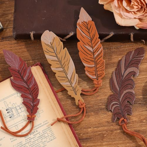 icceemee 4pcs Leather Feather Bookmarks Personalized, Vintage Book Mark for Women, Book Lovers, Writers, Book Accessories Decor Unique Gifts - style: Leather Feather