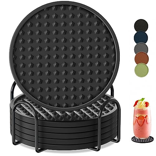 6 Pack Silicone Coasters for Drinks Rubber Coaster with Holder-Black - color: Black