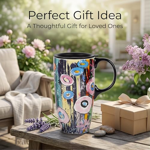Topadorn 17oz Ceramic Travel Mug with Lid, Abstract Art Coffee Mug - color: Abstract Garden
