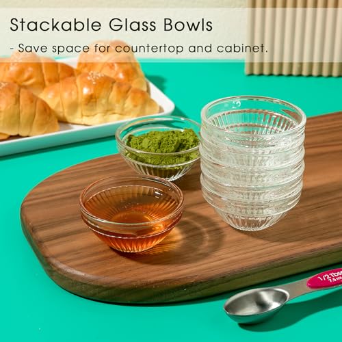 10 Set Mini Glass Prep Bowls, 2.5oz Ribbed Small Bowls Stackable Ingredient Dishes Clear Ramekins Pinch Bowl for Measuring Spices Dipping Sauces - style: Ribbed Glass