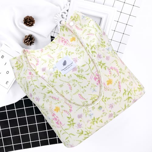 Ayieyill Corduroy Tote Bag for Women Canvas Shoulder Cord Purse with Inner Pocket - color: Green Plant
