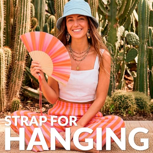 Fisura – Original Folding Fan with Stripe Print. Colorful Wooden Folding Fan in Pink and Orange with Strap Included. Fun Gift idea for Travel Beach Days or Summer Events. 16.7 x 9 in. - color: Stripes, Pink and Orange