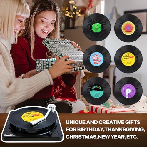 Funny Retro Record Coasters for Drinks with Vinyl Player Holder for Music Lovers,Set of 6 Conversation Piece Sayings Drink Coaster,Housewarming Hostess Wedding Registry Gift Ideas - style: A008