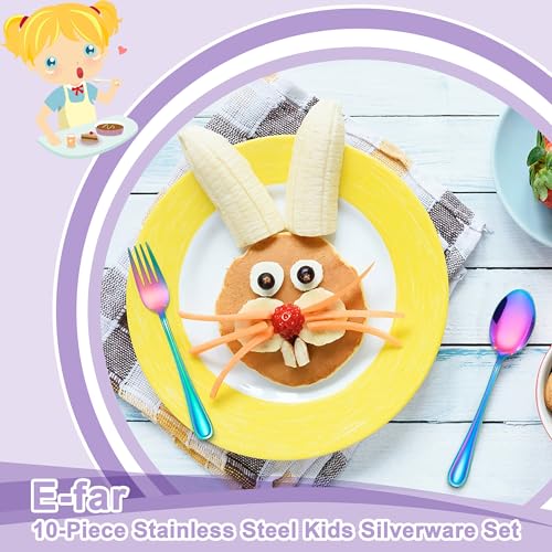 E-far Toddler Utensils, 10 Pcs Rainbow Stainless Steel Kids Silverware Set - color: Rainbow
