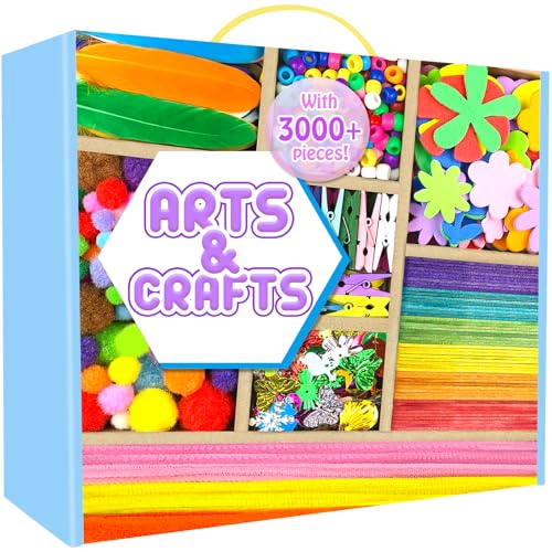 Arts and Crafts Supplies for Kids - 3000Pcs Craft Kit with Pipe Cleaners Crafts for Kids All in Art Crafting Box DIY School Supplies Materials Set Toys Gifts for Girls Boys Age 4 5 6 7 8 9 10 11 & 12 - color: Blue