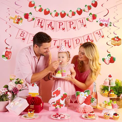 Paper Jazz Strawberry Birthday Party Decoration, Strawberry Decoration with Happy Birthday Banner and Berry Swirls, Strawberry Theme Party Supplie For First Birthday Girl Table Backdrop - color: Pink And Red