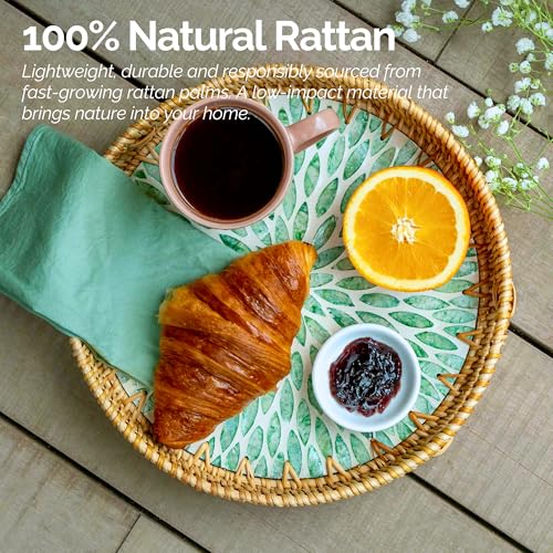 JUNGLE CULTURE Round Rattan Tray with Mother of Pearl Inlay • Everglade 14" - color: Everglade, size: 13.7"