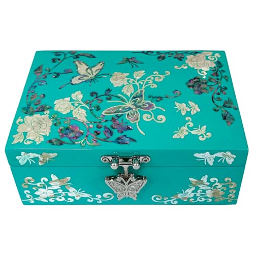 Mother of Pearl Jewelry Ring Necklace Mini Trinket Wooden Box - Inlay with Sea Shell Gifts for Women (Emerald) - color: Emerald