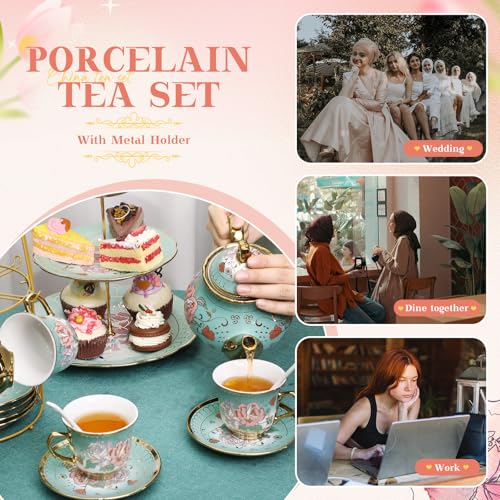21 Pcs Porcelain Tea Set with 3 Tier Dessert Stand, Green, Summer - color: Green, style: Summer