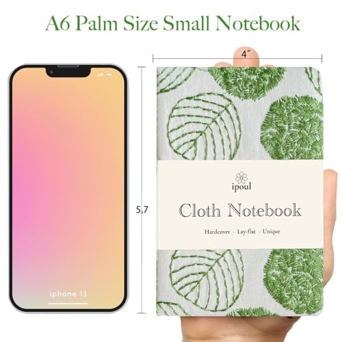 Pocket Notebook, A6 Journal, Small Embroidered Journal, Cute Fabric Notebook, Lay Flat Hardcover Journal, 4x6 Lined Notebook & Sketchbook, Personal Writing Journal for Women, White Leaf - color: A6-Leaf White