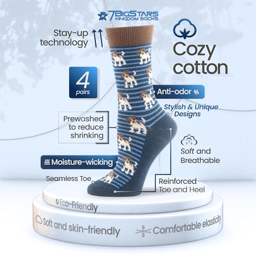 7BIGSTARS Women Cotton Crew Socks, Patterned 4 Pack, M 5-9 - L 8-12 - color: 14 - Olive Green, Light Navy, Light Beige, Dark Navy (A33), size: 5-9
