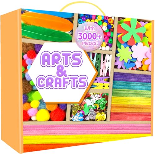 Arts and Crafts Supplies for Kids - 3000Pcs Craft Kit with Pipe Cleaners Crafts for Kids All in Art Crafting Box DIY School Supplies Materials Set Toys Gifts for Girls Boys Age 4 5 6 7 8 9 10 11 & 12 - color: Orange