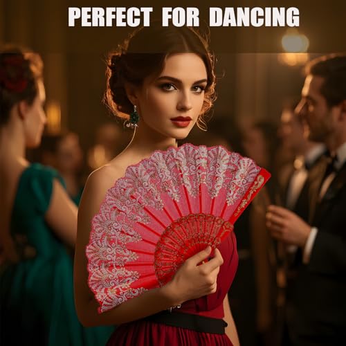 QIRMIZI 10 Pack Folding Handheld Fans,Silk Spanish Fan, Perfect for Weddings, Parties, and Dancing,Red - color: Red, size: 10 PACK