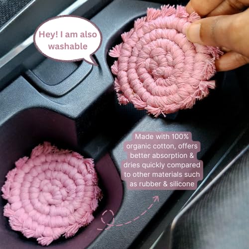 Cotton Car Coasters for Cup Holders, 2PC Car Cup Coasters, Drink Coaster Holder, Cute cupholder Coaster Accessories for Women, Macrame, Boho(Champagne Pink) - color: Champagne Pink
