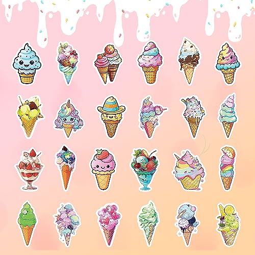 50Pcs Ice Cream Stickers, Non-Repetitive Funny Design Ice Cream Stickers, Cute Dessert Sticker Vinyl Waterproof Sticker for Adults Water Bottle Laptop Decor Party Favors Birthday Gifts - color: Ice Cream