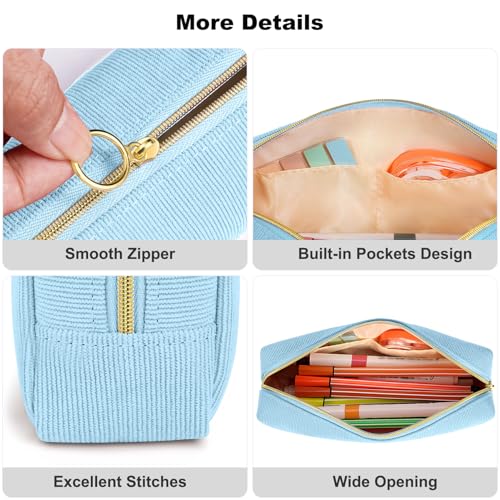 FINPAC Pencil Case, Corduroy Aesthetic Makeup Bag - color: Ocean Blue