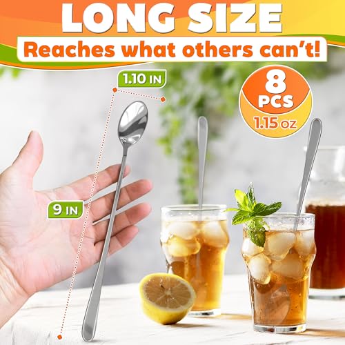 Iced Tea Spoons Long Handle, Set of 8, 9 In, Stainless Steel, Classic Style - color: 8 Pcs Silver Long Handle Spoons Set