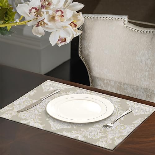 Loom and Mill Luxury Damask Jacquard Placemats Set of 6, Beige, 12x18 in - color: Beige, size: 6 Piece-12x18 inch