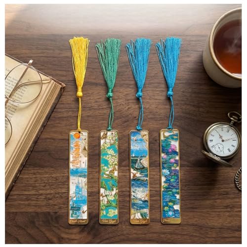 Metal Bookmarks with Tassels, 4 Pack Oil Painting Designs