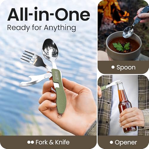 Orblue 4-in-1 Camping Utensils, 1-Pack, Portable Stainless Steel Spoon, Fork, Knife & Bottle Opener Combo Set - Travel, Backpacking Cutlery Multitool Olive Green - color: 1-PACK Olive Green
