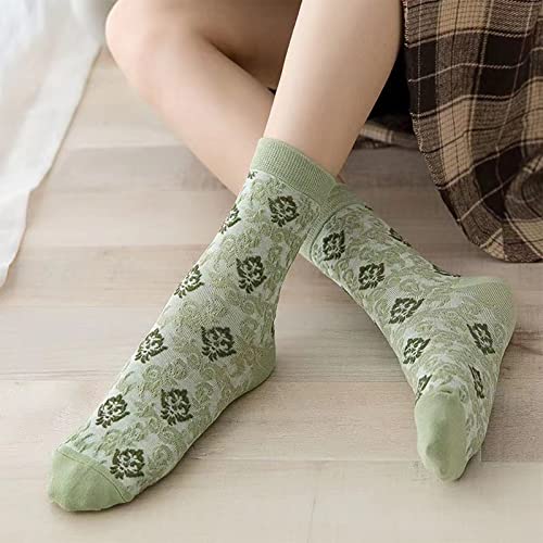 DXYAKY 5 Pairs Womens Floral Cotton Socks Vintage Patterned Crew Socks Novelty Ankle Ruffled Warm Casual Dress Socks - color: 5 Pairs - Green