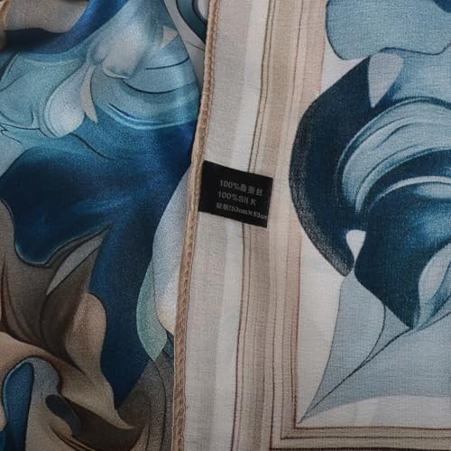 Women 100% Mulberry Silk Neck Scarf 21" Square Floral Neckerchief - color: Peacock Blue & Beige