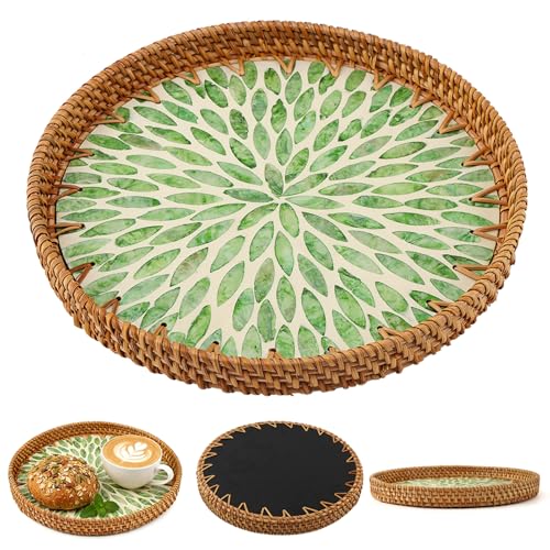 Handwoven Round Rattan Tray with Mother of Pearl Inlay, 11.02inch Round Decorative Serving Tray for Dining Table, Wall Decor & Gift(Size:Leaf)
