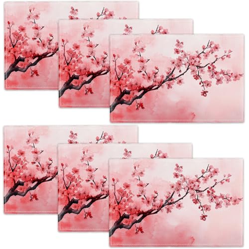Japanese Cherry Blossom Placemats Set of 6, Pink Sakura Floral Place Mats, Flower Waterproof Washable Table Mats for Home Party Indoor Kitchen Dining Table Decoration 12x18 Inch - color: Cherry Blossom, size: Set of 6