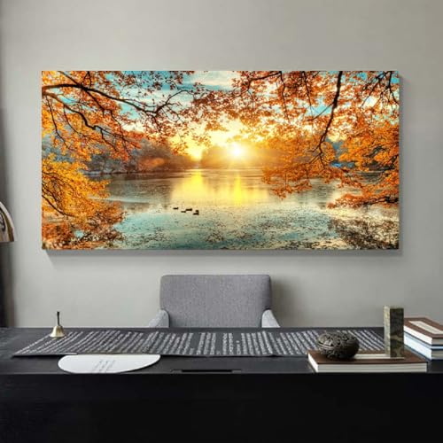 Yxbhhym-Landscape Tree Canvas Wall Art Fall Forest Sunset Wall Decor Poster Lake Water Pictures for bedroom wall décor Natural Scenery Paintings Artwork Large Living Room Decor Home Office Decoration - color: Bblanndscape, size: 60"L x 30"W